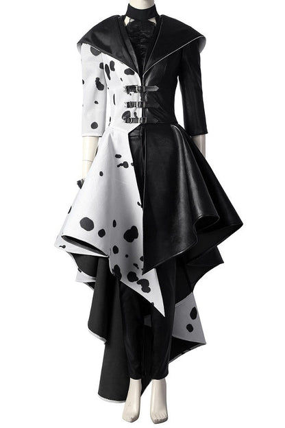 Cruella de Vil Kleid Schwarz Weiß Polka Dot Dienstmädchenkleid Outfit Halloween Karneval Cosplay Kostüm Mantel