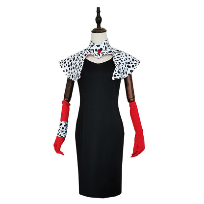 Costumes Cruella 2021 De Vil Cosplay Costume Imprimé Robe Tenues Halloween Carnaval Costume