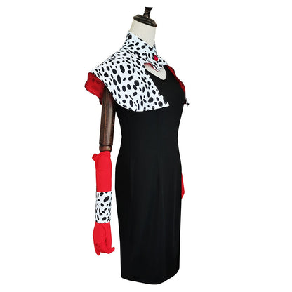 Costumes Cruella 2021 De Vil Cosplay Costume Imprimé Robe Tenues Halloween Carnaval Costume